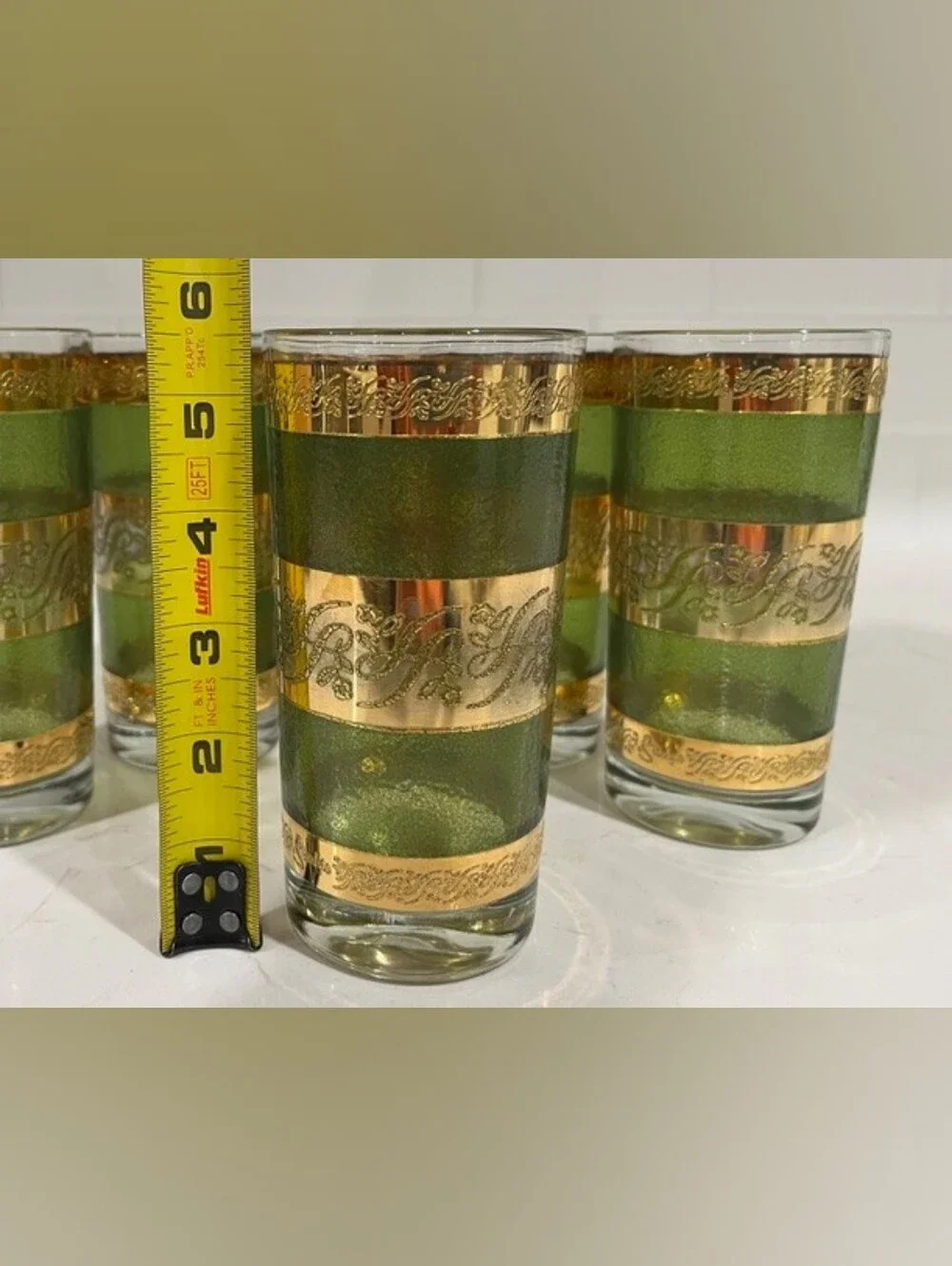 Vintage‎ MCM Starlyte Green & 22k Gold Scroll Highball Glasses - Set of 6 EUC